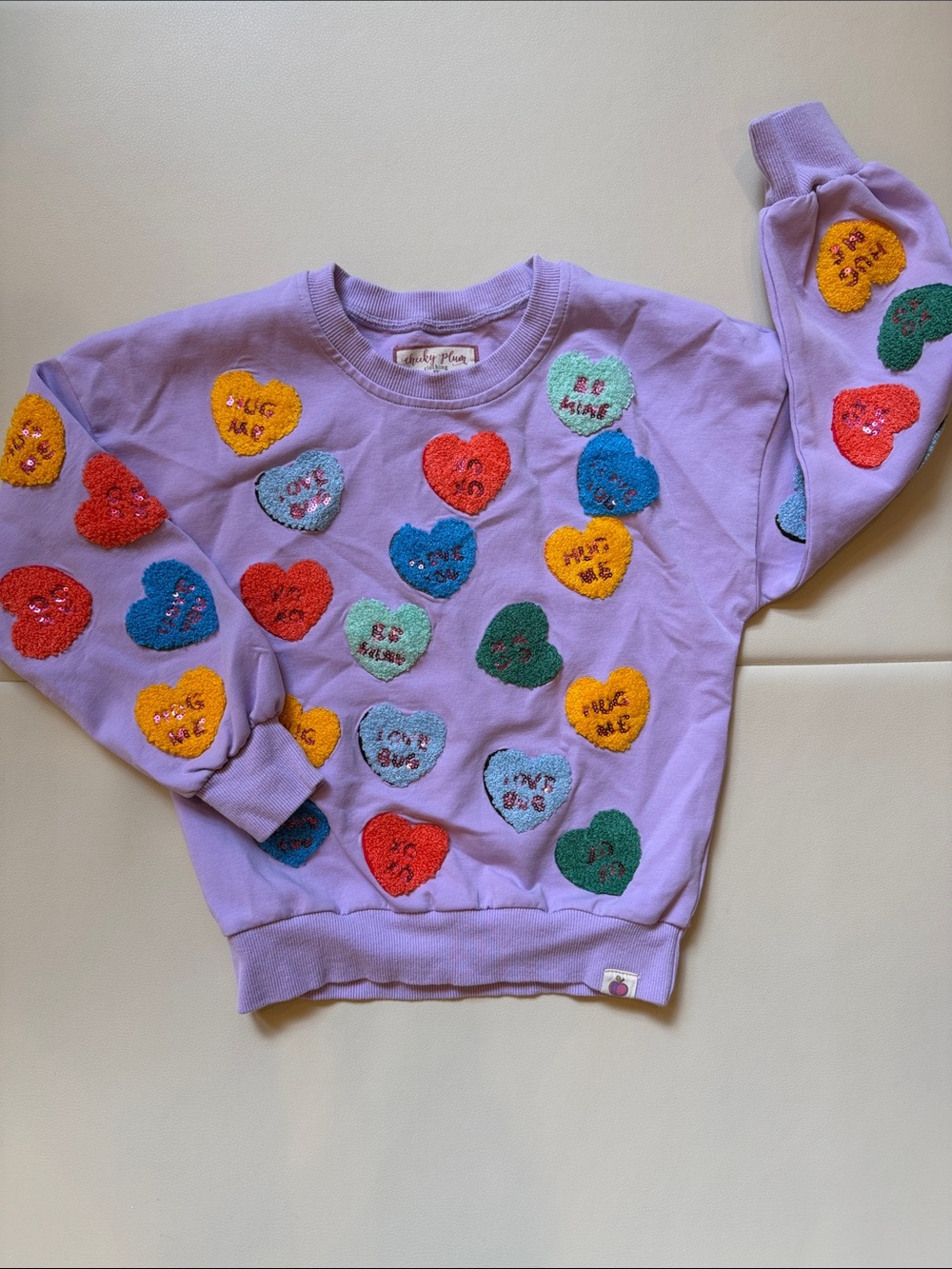 Cheeky Plum Lavender Heart Patch Sweatshirt with Multicolor Hearts